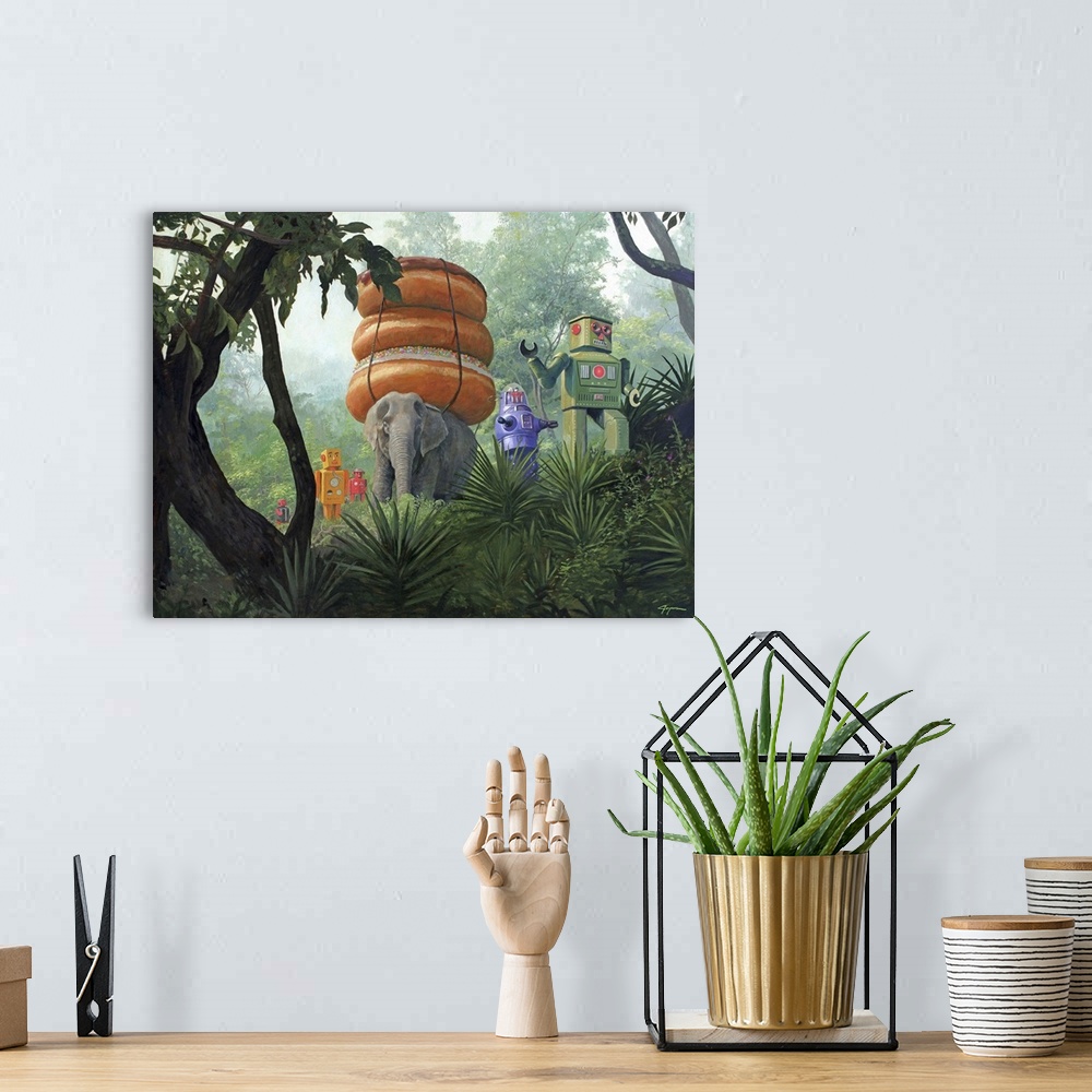A bohemian room featuring A contemporary painting of a surreal scene of retro toy robots walking through a jungle with an e...