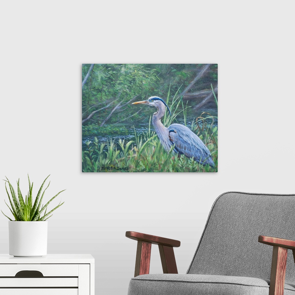 A modern room featuring Contemporary artwork of a great blue heron.