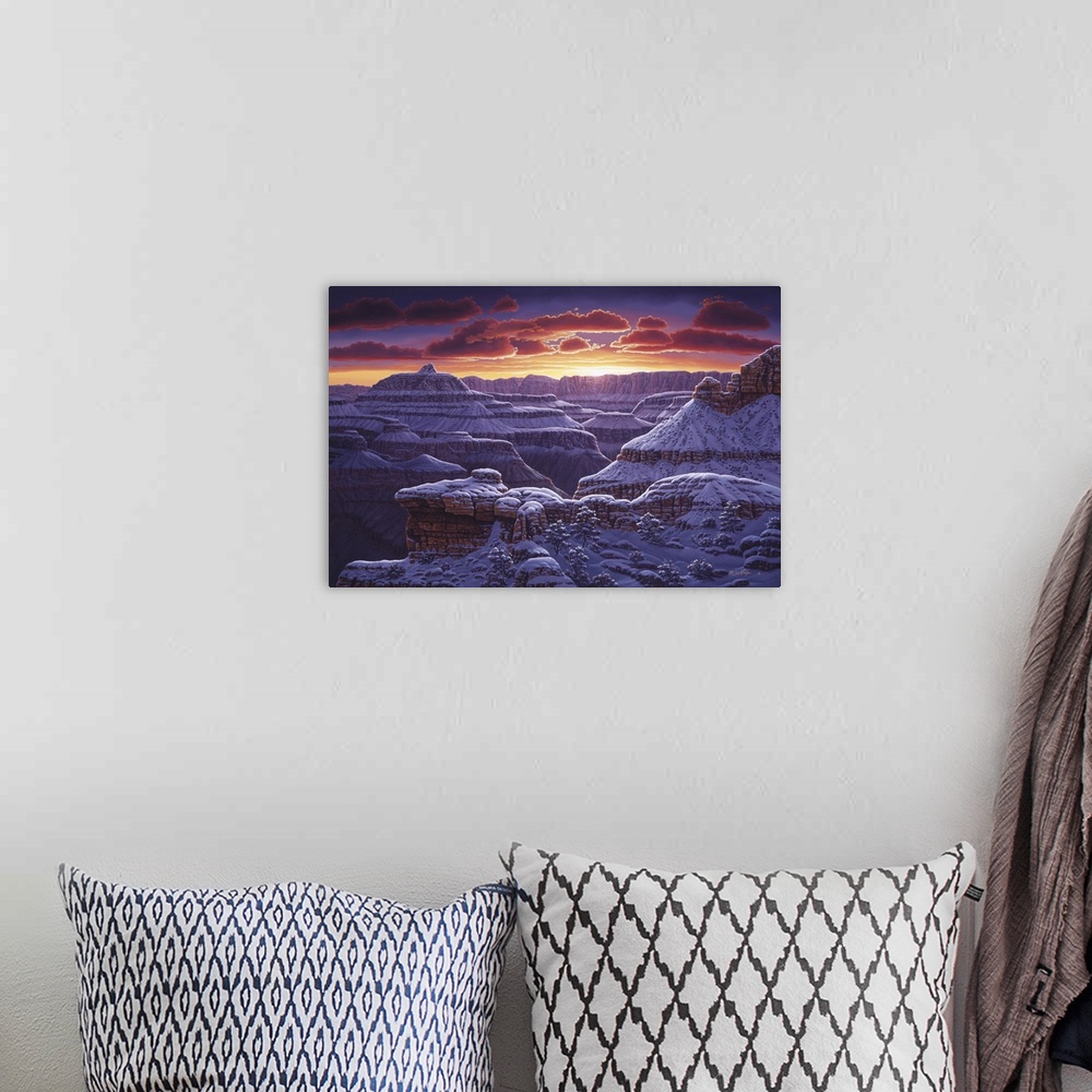 A bohemian room featuring Contemporary landscape painting of the Grand Canyon at sunset in the winter.