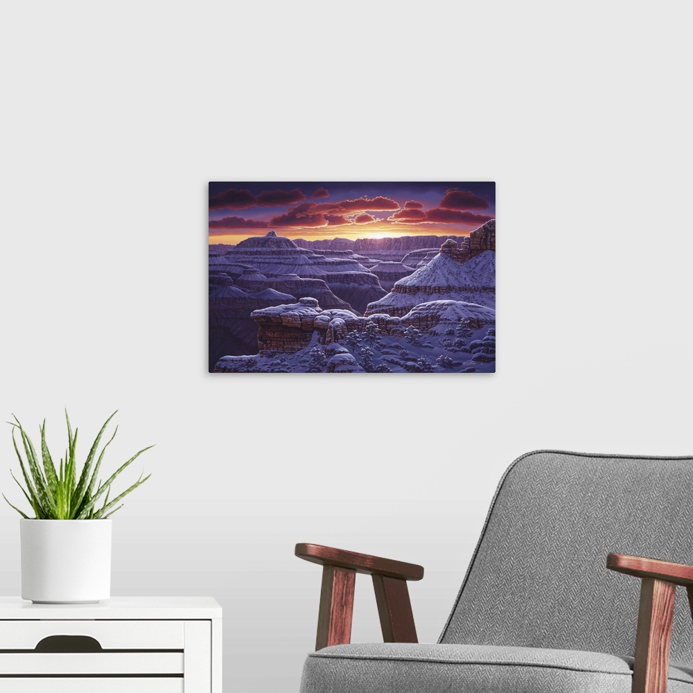 A modern room featuring Contemporary landscape painting of the Grand Canyon at sunset in the winter.