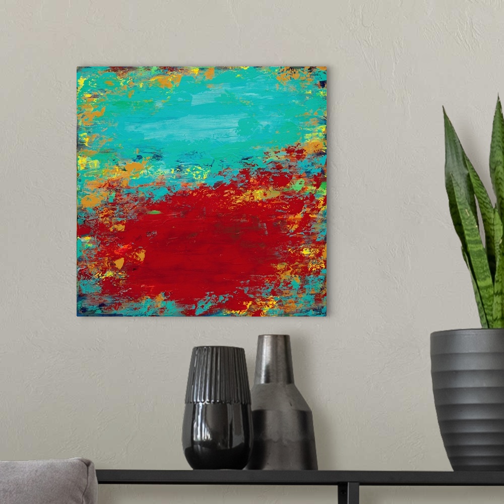 A modern room featuring A contemporary abstract painting using wild vibrant colors and weathered and worn textures.