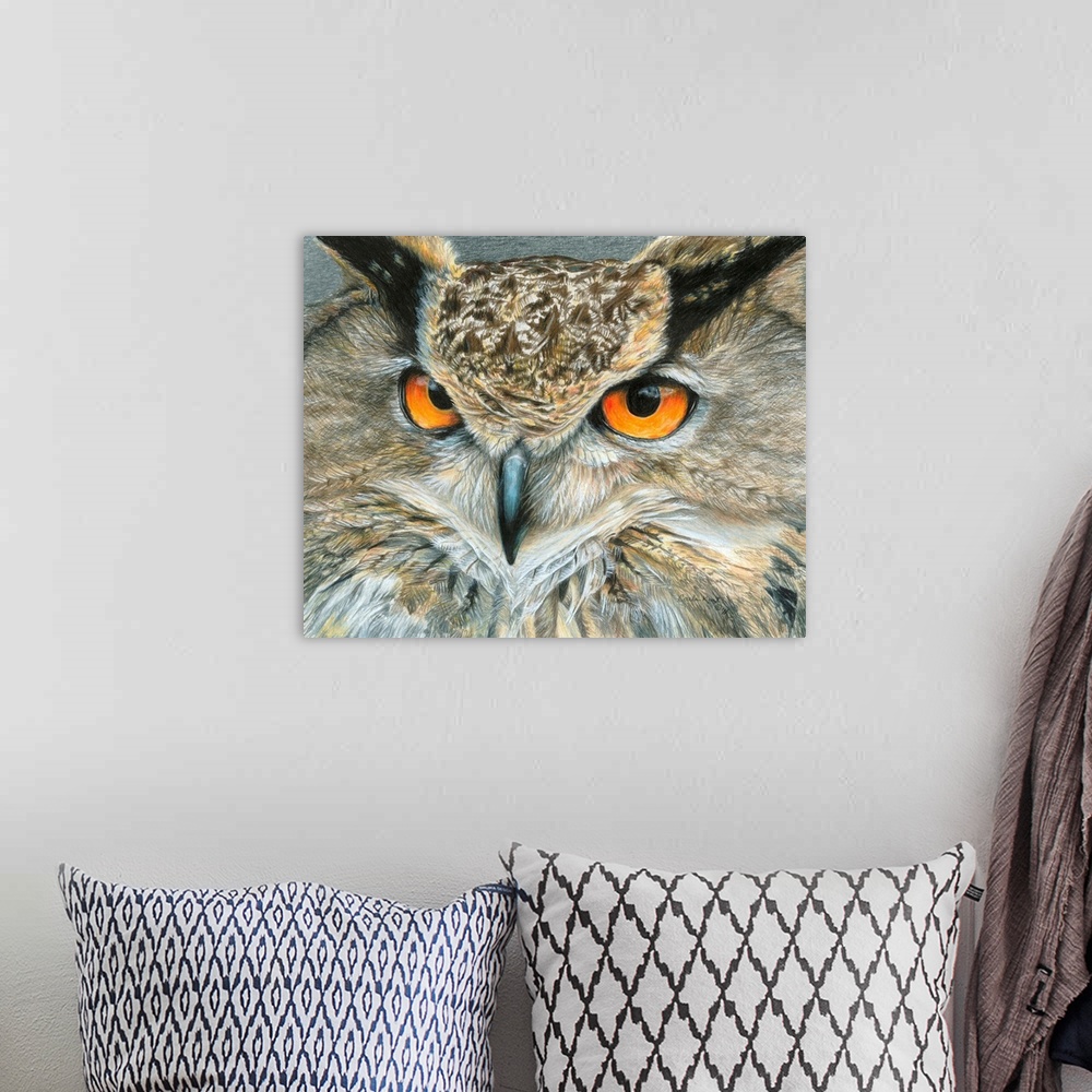 A bohemian room featuring Contemporary artwork of a close-up look of an owl face.
