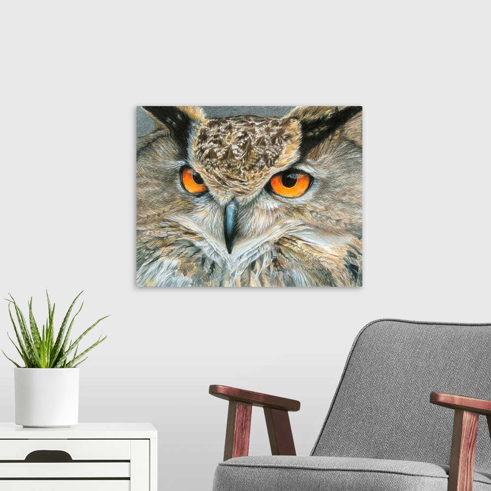 A modern room featuring Contemporary artwork of a close-up look of an owl face.