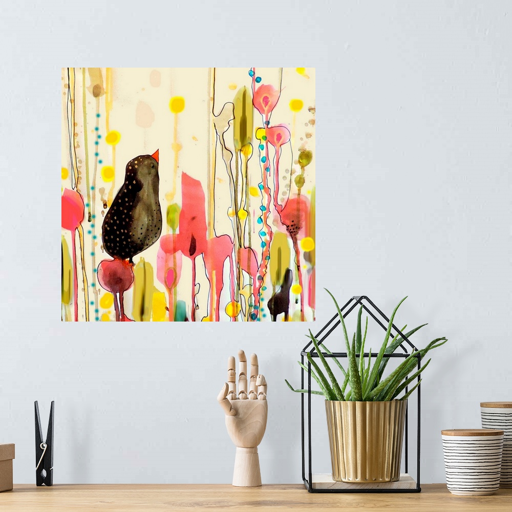 A bohemian room featuring Colorful contemporary minimalist artwork incorporating nature.