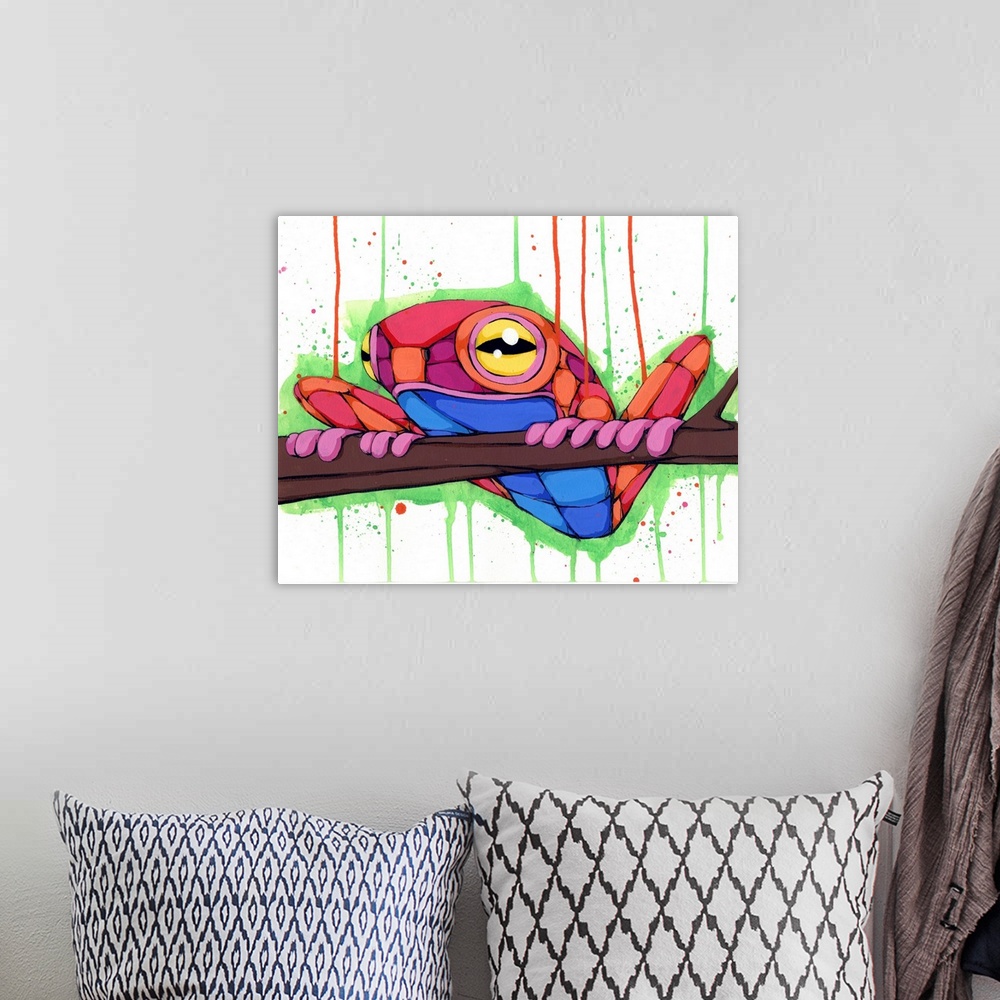 A bohemian room featuring Geometric painting of a colorful tree frog on a tree branch.