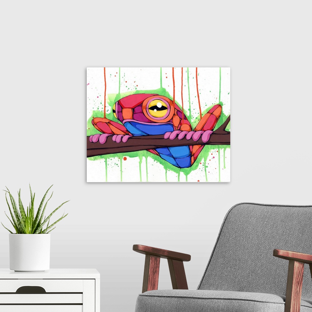 A modern room featuring Geometric painting of a colorful tree frog on a tree branch.