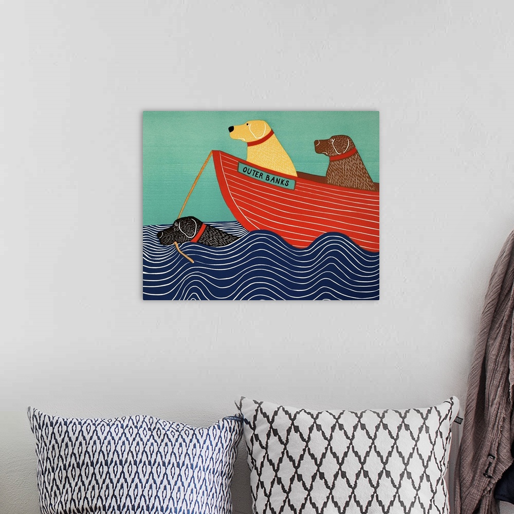 A bohemian room featuring Illustration of a black lab in the ocean pulling a red boat to the Outer Banks with a yellow and ...