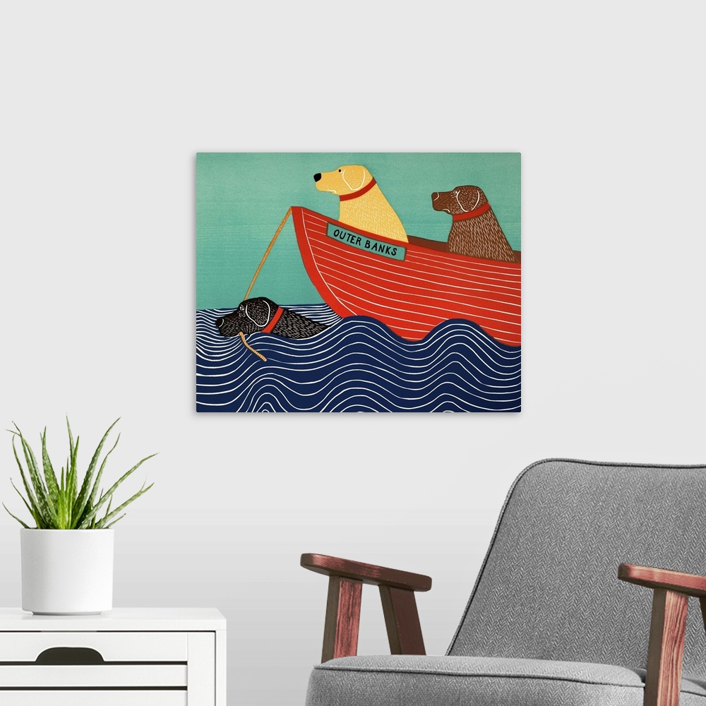 A modern room featuring Illustration of a black lab in the ocean pulling a red boat to the Outer Banks with a yellow and ...