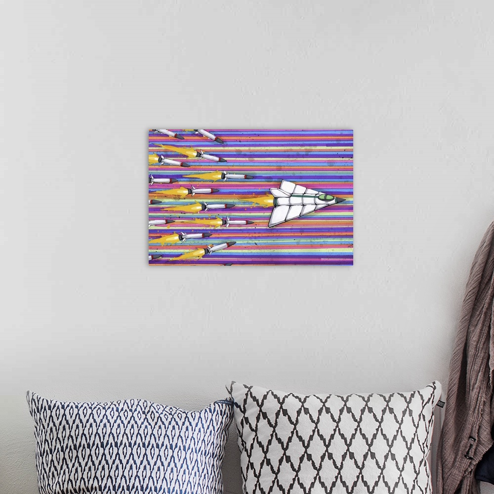 A bohemian room featuring Pop art painting of a spaceship flying in front of several missiles.