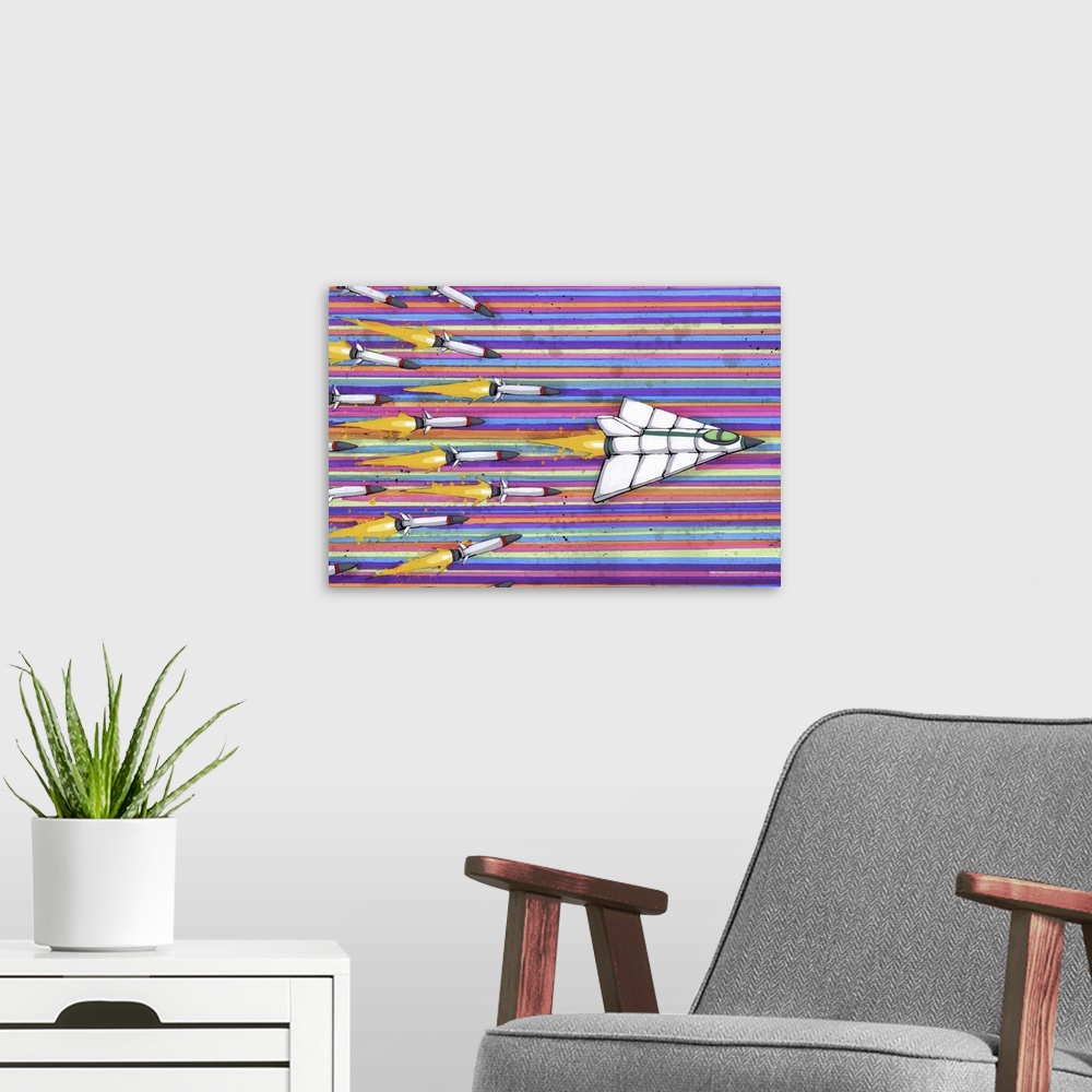 A modern room featuring Pop art painting of a spaceship flying in front of several missiles.