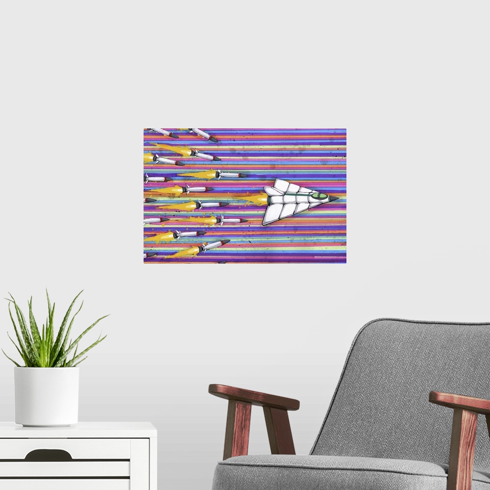 A modern room featuring Pop art painting of a spaceship flying in front of several missiles.