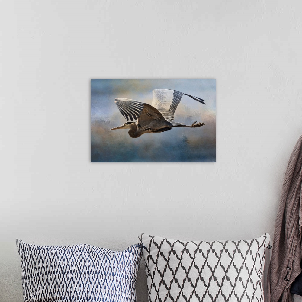 A bohemian room featuring A Great Blue Heron flaps its large wings as it flies past storm clouds.
