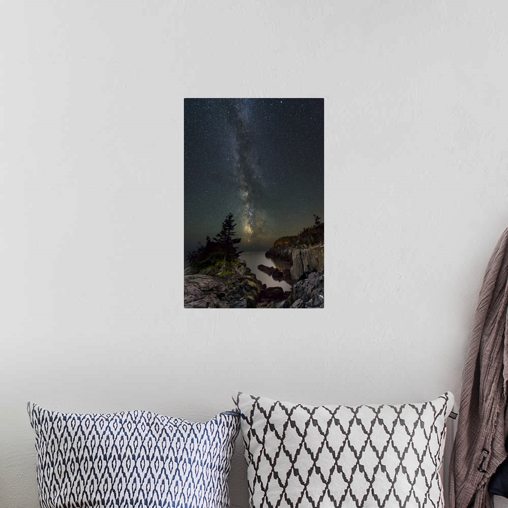 A bohemian room featuring A photograph of a serene wilderness landscape under a night sky.