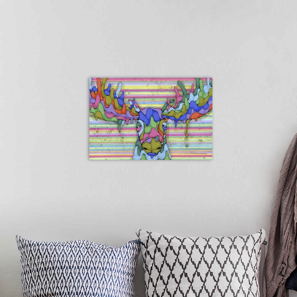 A bohemian room featuring Pop art painting of a moose made of colors on a rainbow striped background.