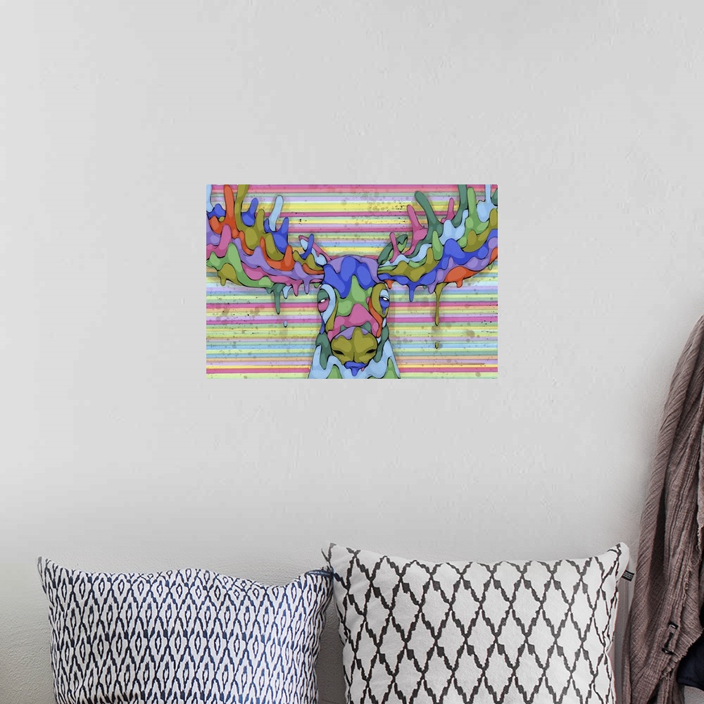A bohemian room featuring Pop art painting of a moose made of colors on a rainbow striped background.