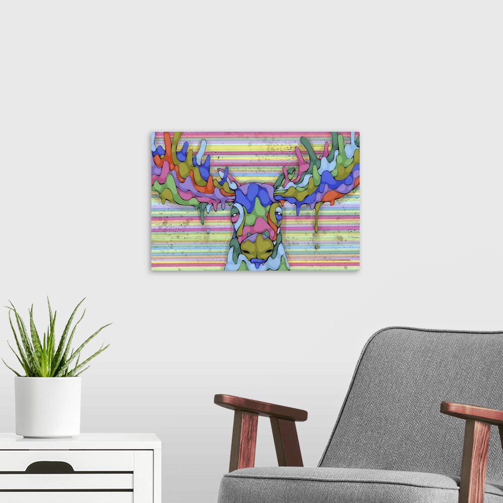 A modern room featuring Pop art painting of a moose made of colors on a rainbow striped background.