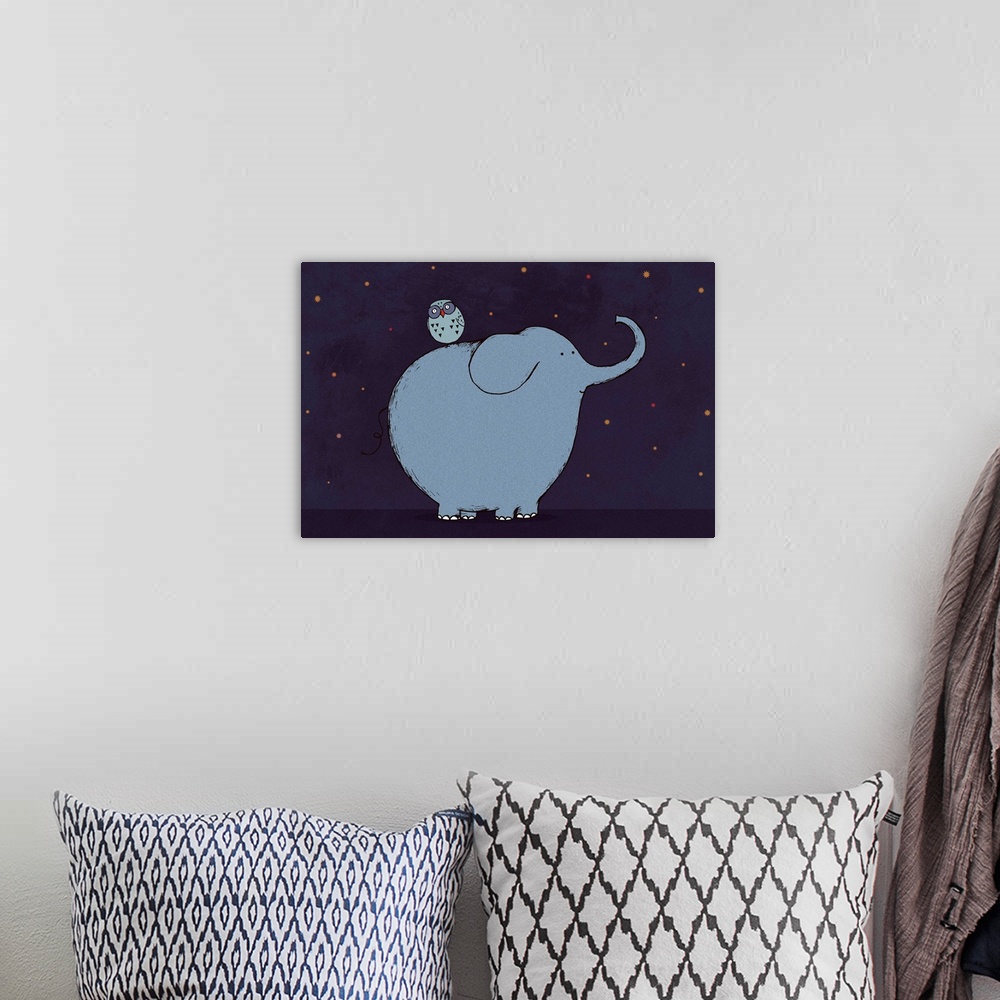 A bohemian room featuring Elephant in the night with Owl on it's back children juvenile
