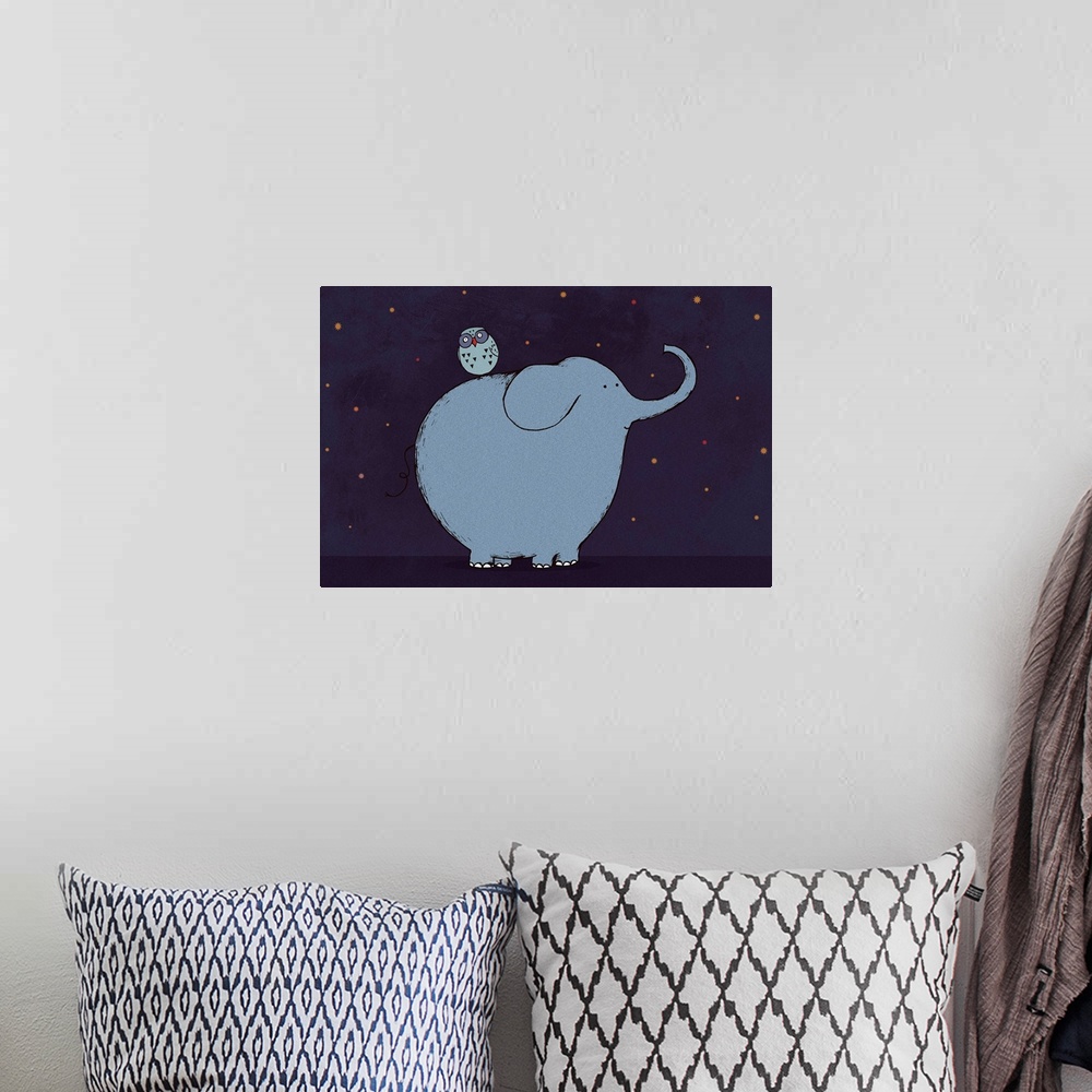 A bohemian room featuring Elephant in the night with Owl on it's back children juvenile