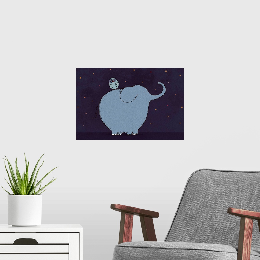 A modern room featuring Elephant in the night with Owl on it's back children juvenile