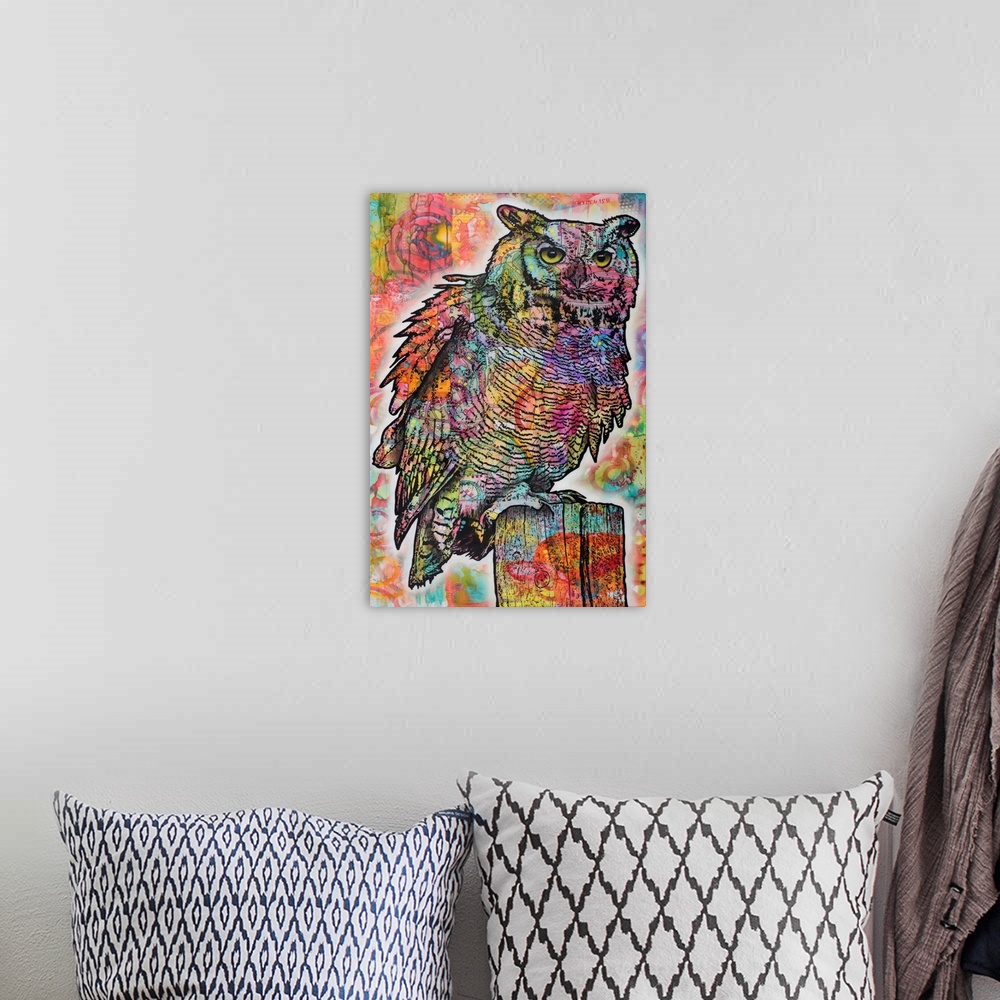 A bohemian room featuring Colorful illustration of an owl perched on a wooden pole with a graffiti-style background.