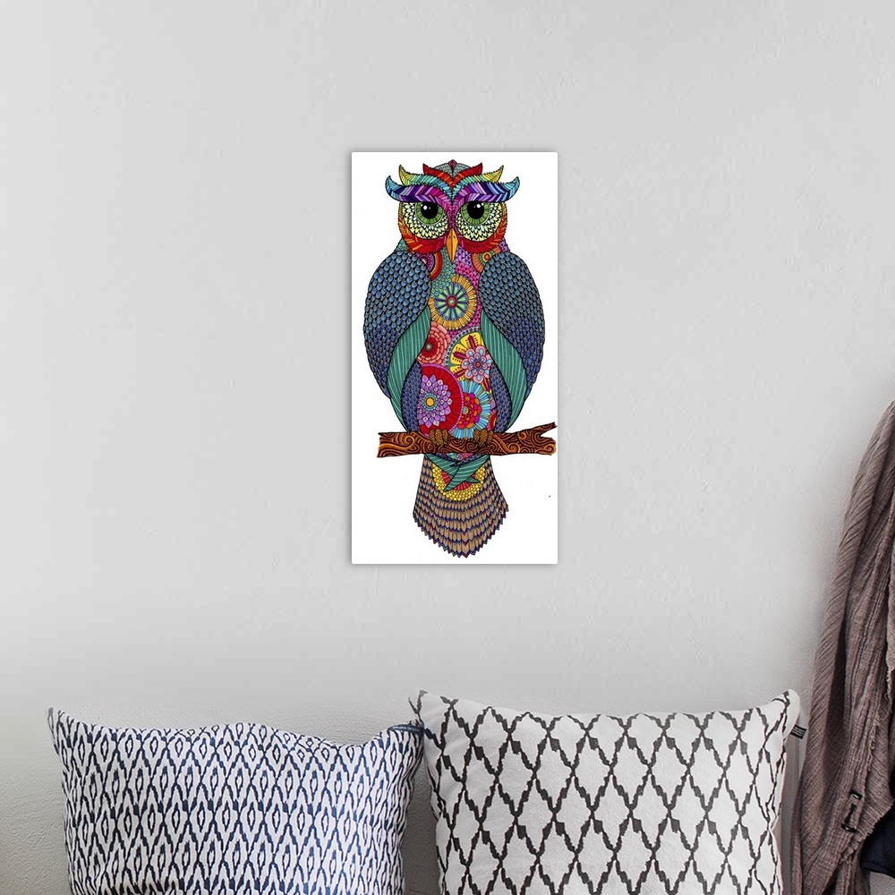 A bohemian room featuring Contemporary abstract artwork of a brightly colored and patterned owl perched on a branch.