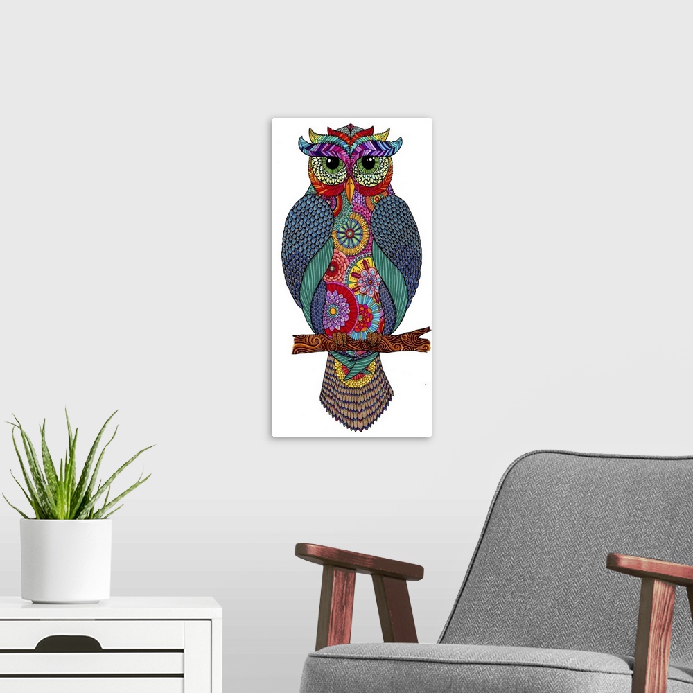 A modern room featuring Contemporary abstract artwork of a brightly colored and patterned owl perched on a branch.