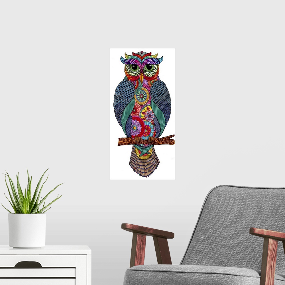 A modern room featuring Contemporary abstract artwork of a brightly colored and patterned owl perched on a branch.