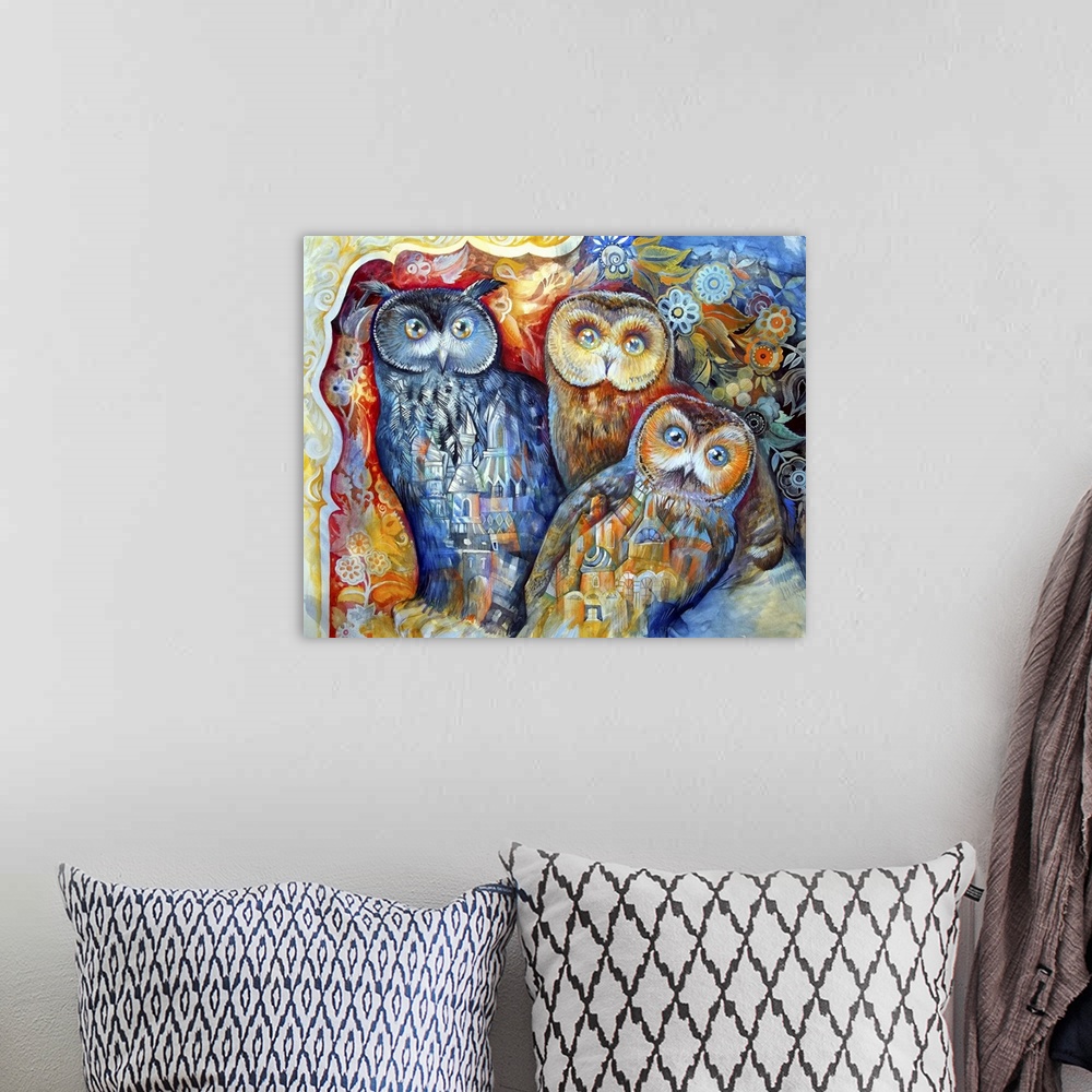 A bohemian room featuring Watercolor painting of three wide-eyed owls decorated with architectural elements.