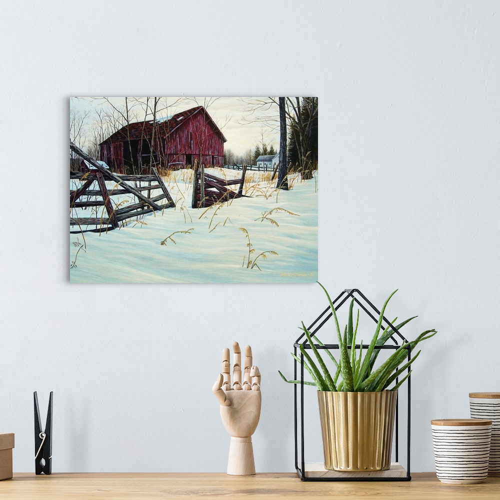 A bohemian room featuring Contemporary artwork of a snowy field with rickety fence with barn in the background.