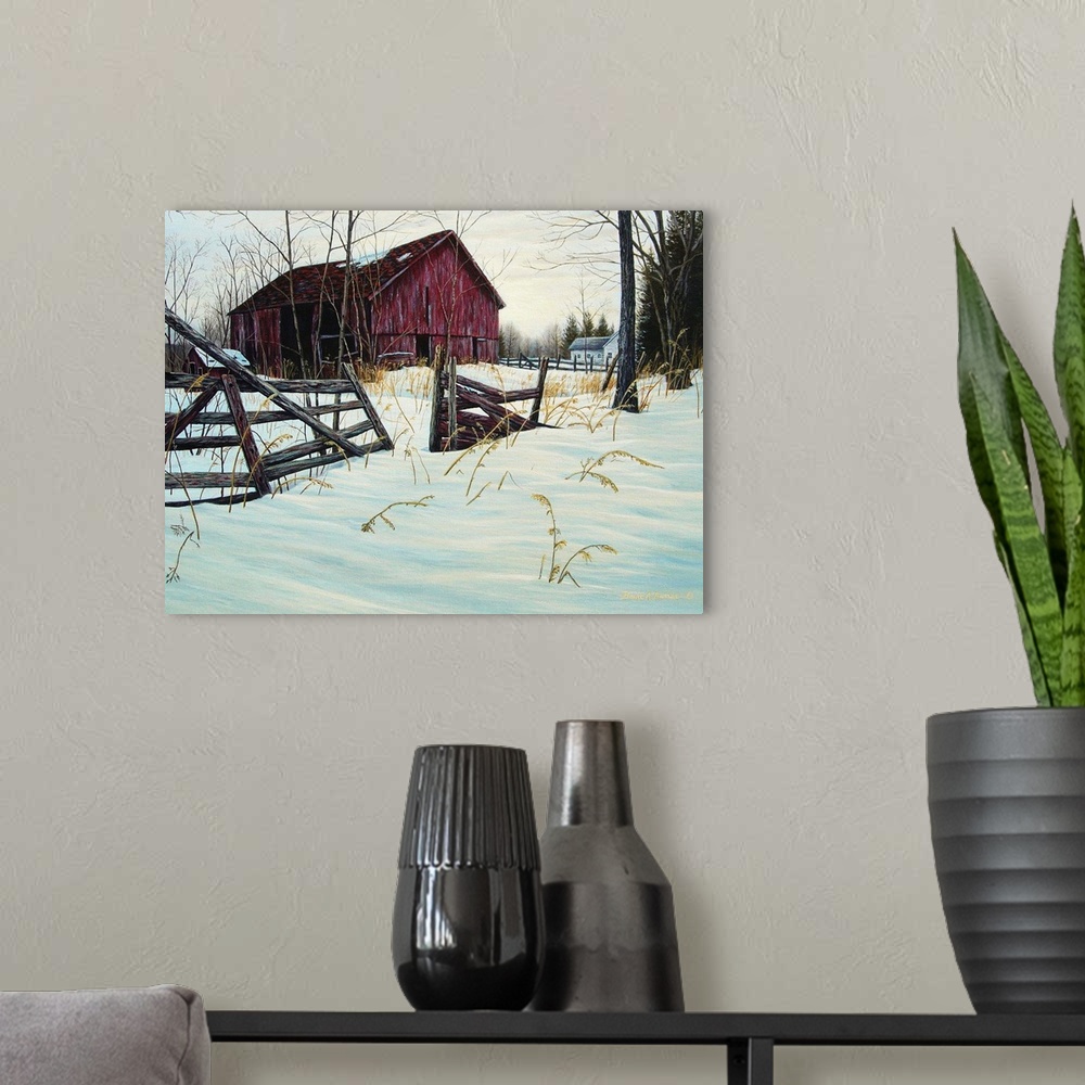 A modern room featuring Contemporary artwork of a snowy field with rickety fence with barn in the background.
