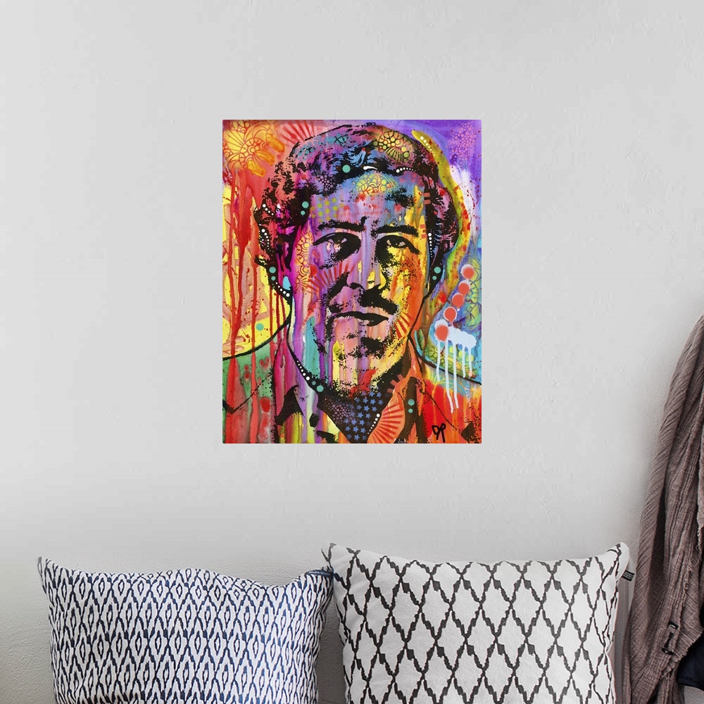 A bohemian room featuring Pop art style painting of Pablo Escobar with abstract designs and paint dripping all over.
