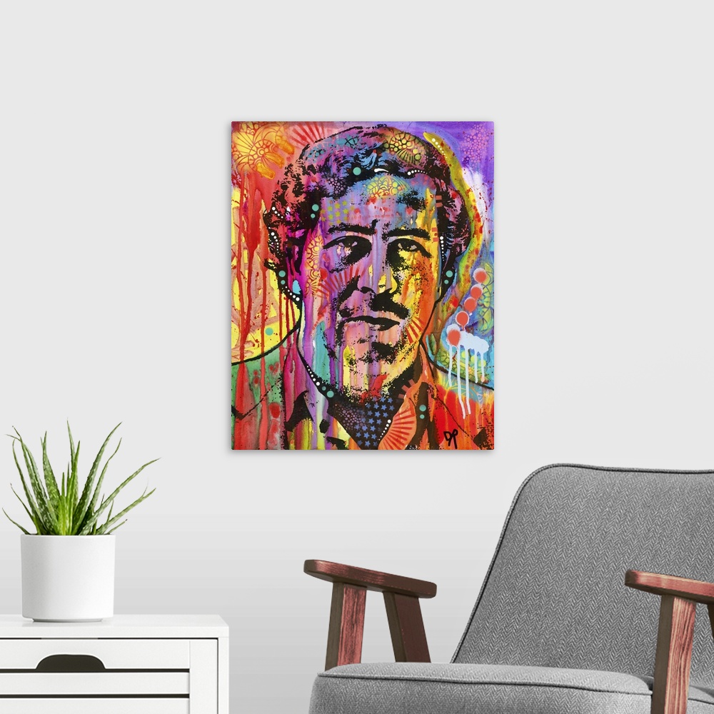 A modern room featuring Pop art style painting of Pablo Escobar with abstract designs and paint dripping all over.