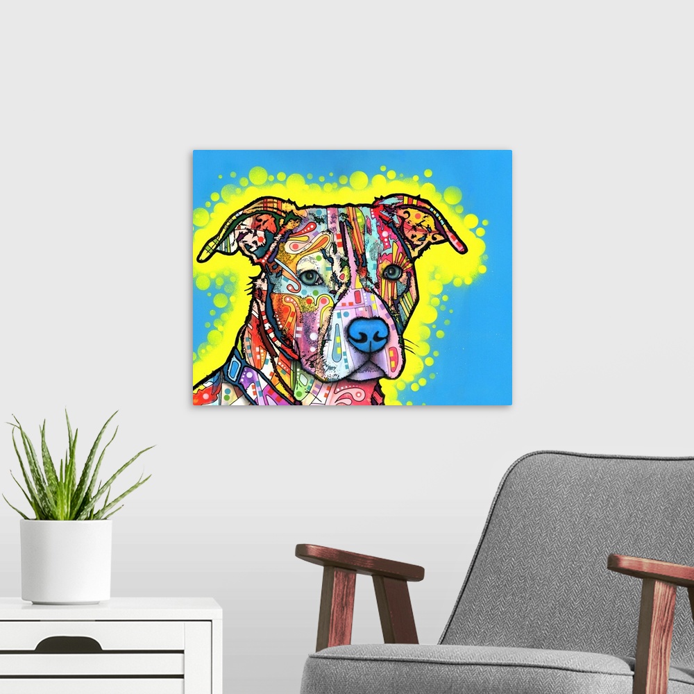 A modern room featuring Playful painting of a colorful pit bull with graffiti-like designs on a blue background with a ye...