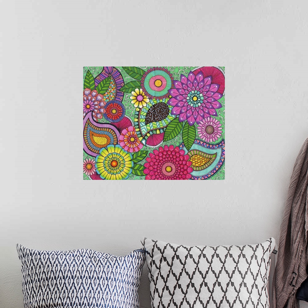A bohemian room featuring Contemporary abstract artwork of flowers using bright vibrant colors and patterns.