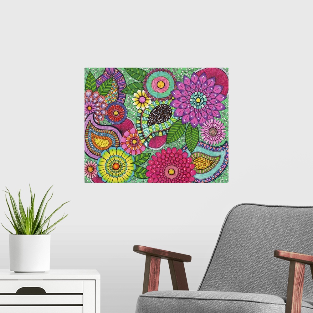 A modern room featuring Contemporary abstract artwork of flowers using bright vibrant colors and patterns.