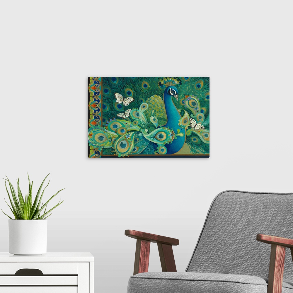 A modern room featuring Contemporary artwork of a peacock with exaggerated and elaborate feathers, with butterflies hover...