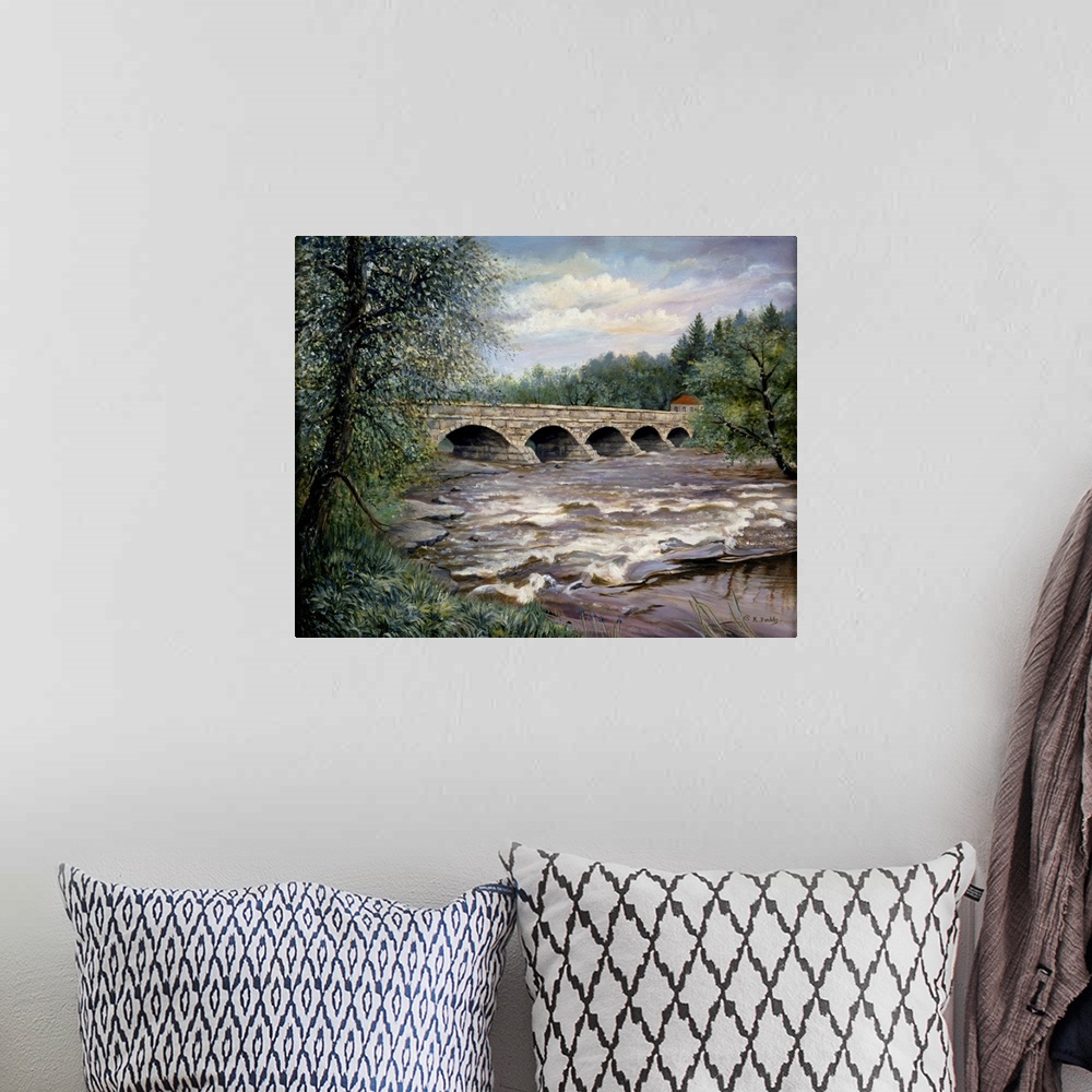 A bohemian room featuring Contemporary artwork of a bridge with five masonry arches.