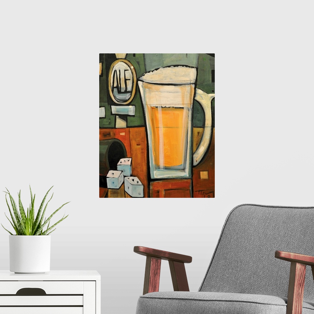 A modern room featuring Vertical, contemporary painting on a large wall hanging of a mug of beer sitting on a bar counter...