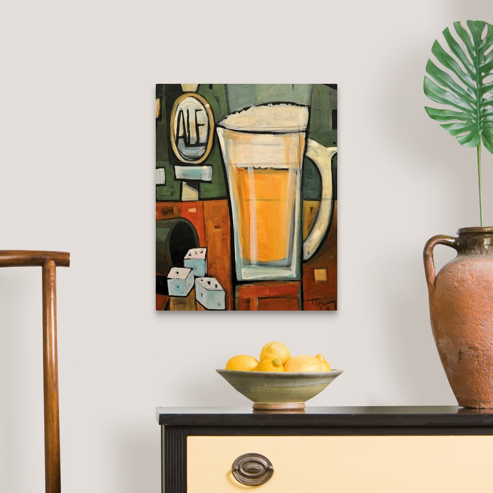 A traditional room featuring Vertical, contemporary painting on a large wall hanging of a mug of beer sitting on a bar counter...