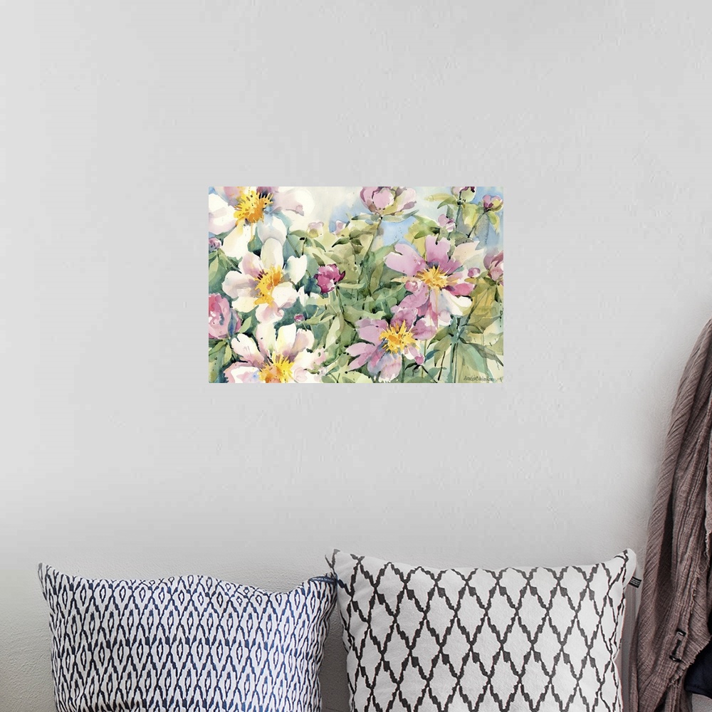 A bohemian room featuring Contemporary watercolor painting of pink and white flowers.
