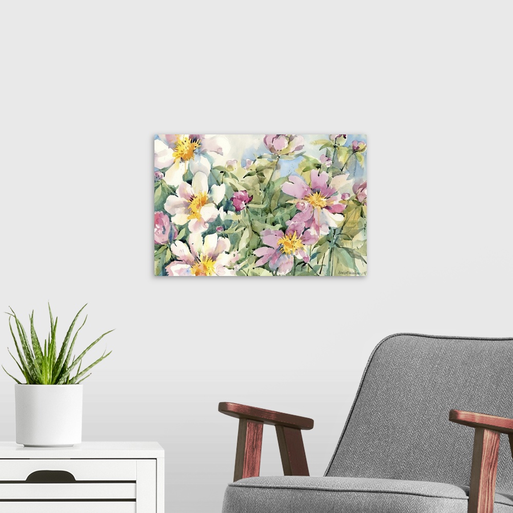 A modern room featuring Contemporary watercolor painting of pink and white flowers.