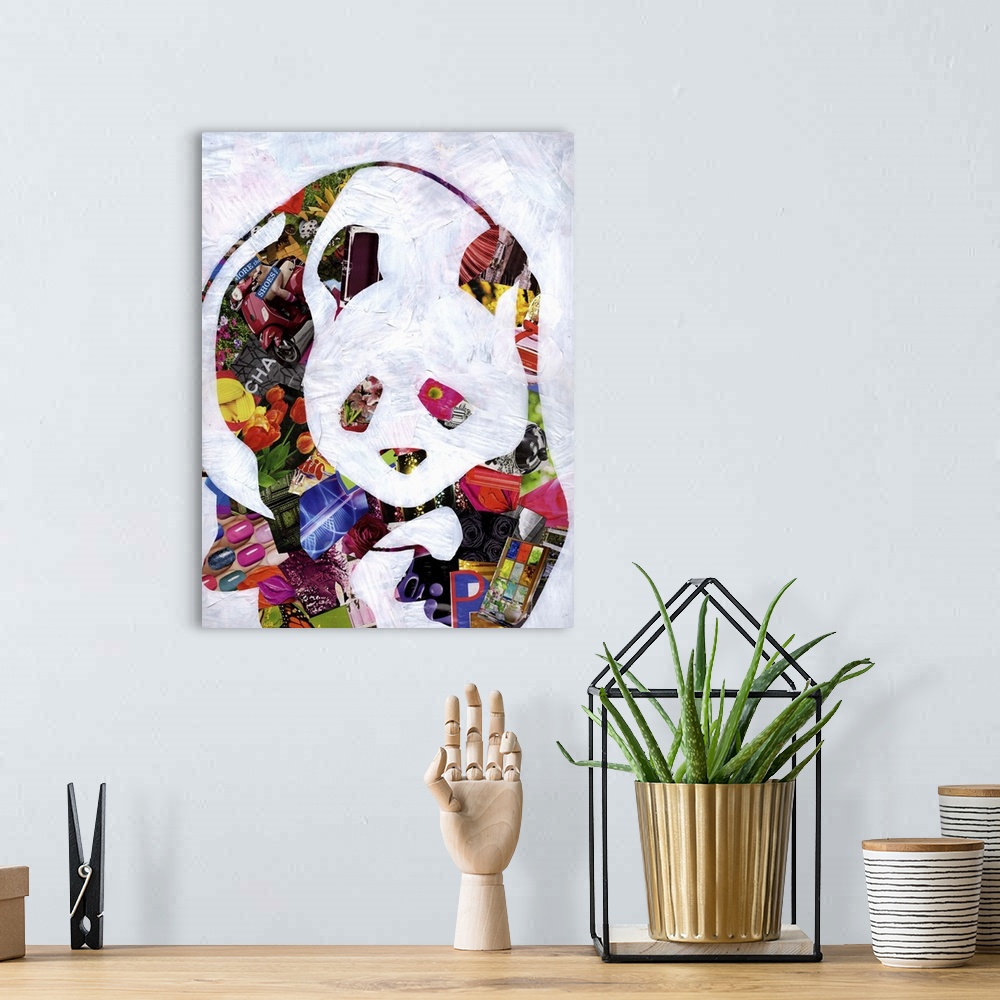 A bohemian room featuring Multimedia collage of magazine clippings and paint of a cute panda bear.