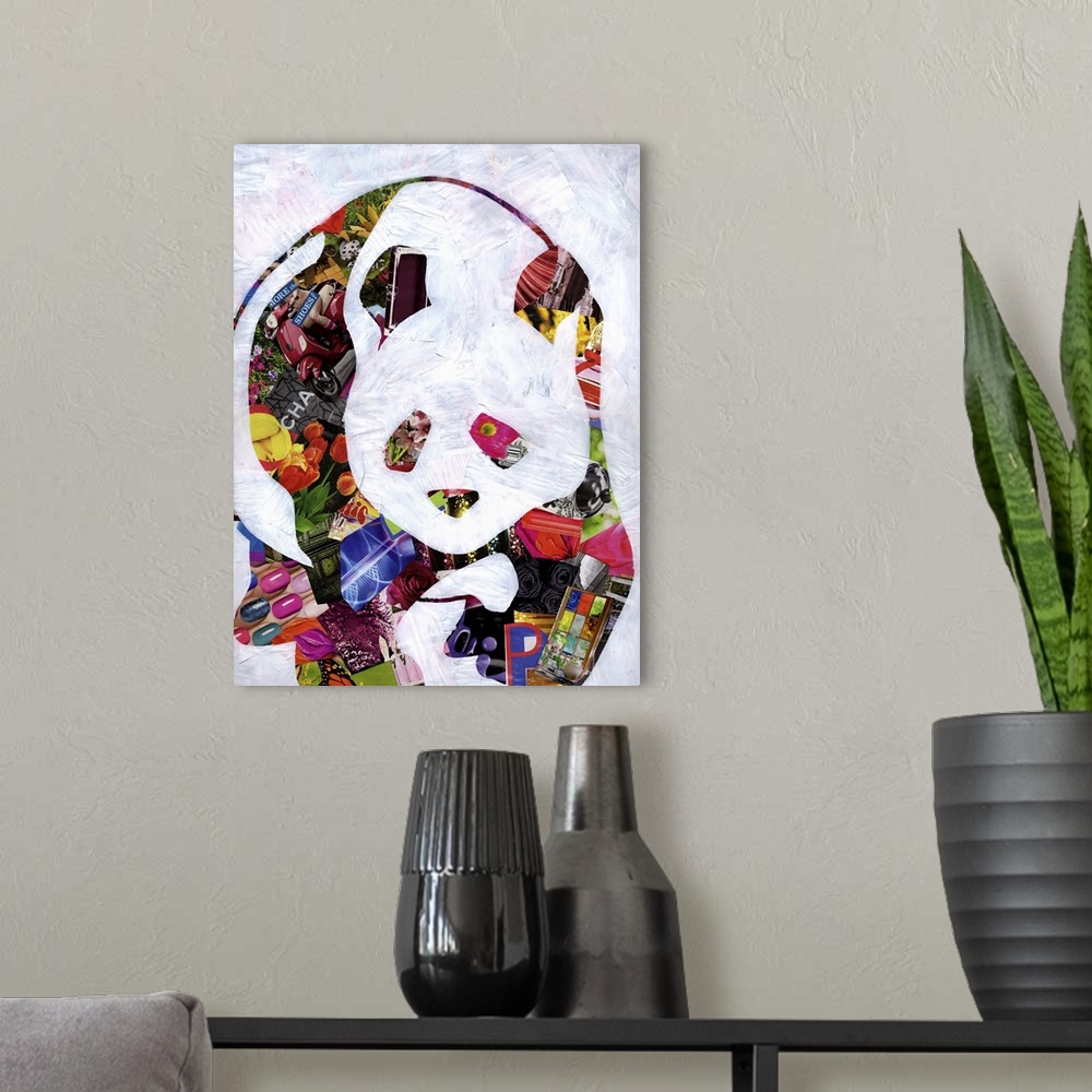 A modern room featuring Multimedia collage of magazine clippings and paint of a cute panda bear.