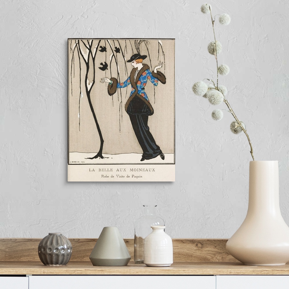 A farmhouse room featuring Artwork of a vintage fashion illustration of a woman displaying warm weather clothing outdoors un...