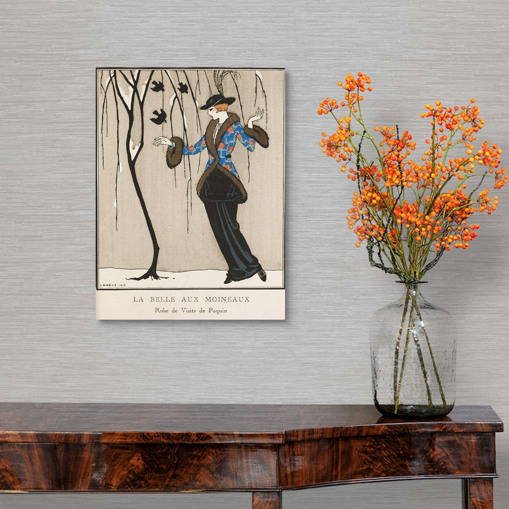 A traditional room featuring Artwork of a vintage fashion illustration of a woman displaying warm weather clothing outdoors un...