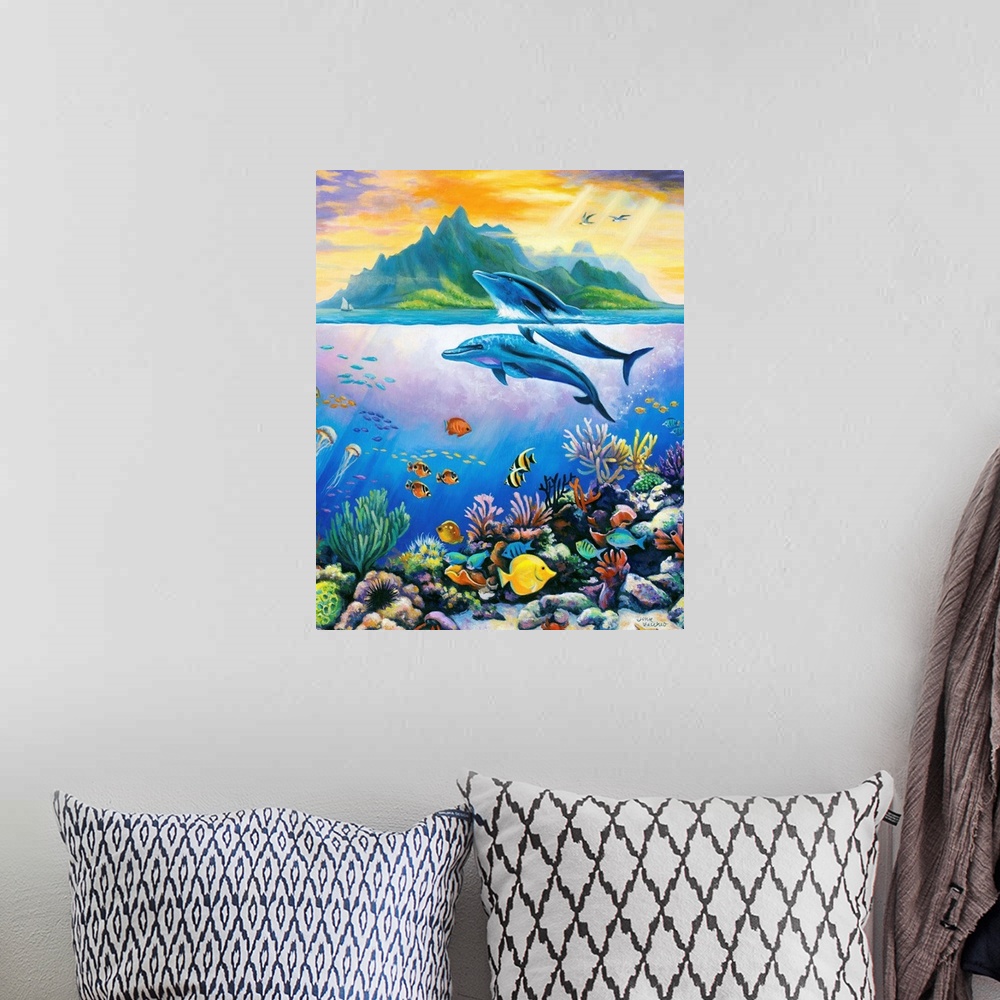 A bohemian room featuring dolphins underwater scene tropical fish