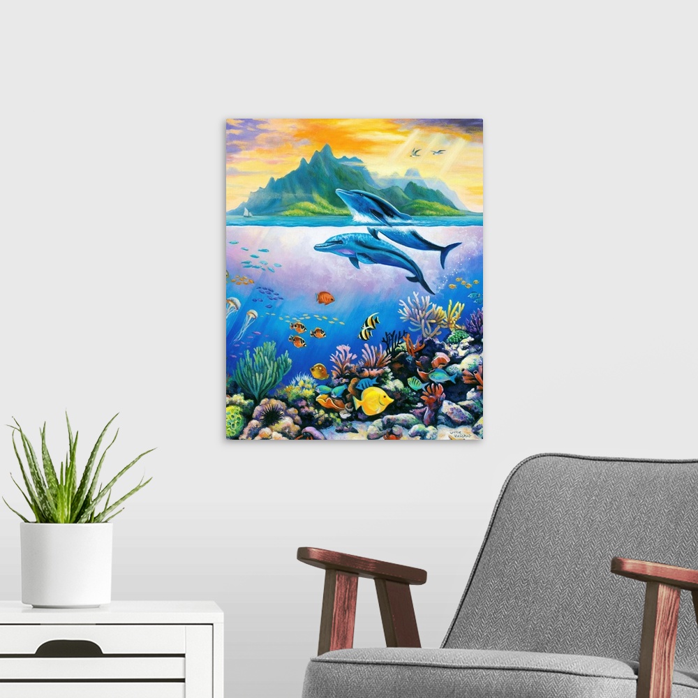 A modern room featuring dolphins underwater scene tropical fish