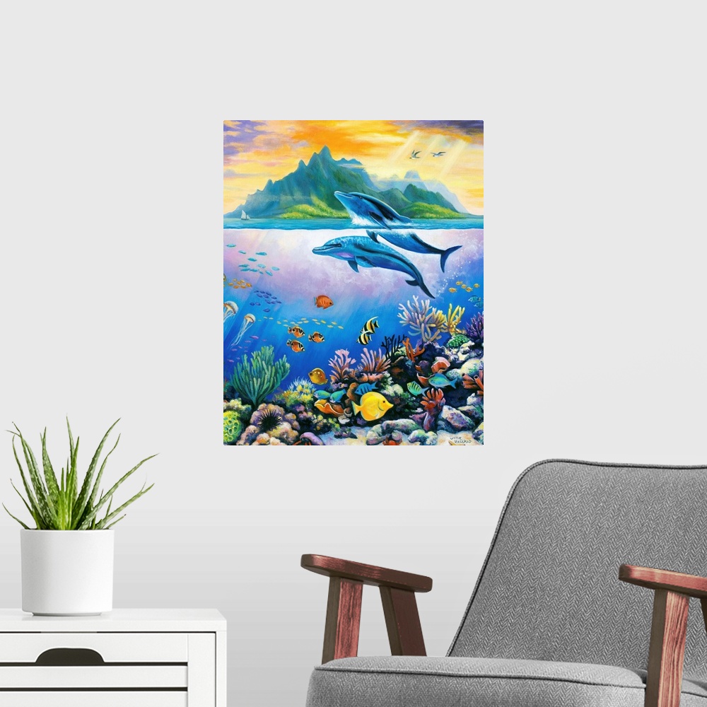A modern room featuring dolphins underwater scene tropical fish