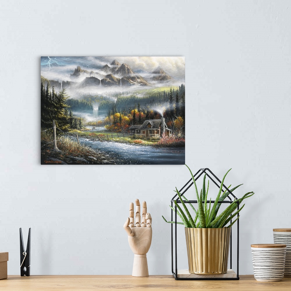 A bohemian room featuring An idyllic painting of a cottage in a serene wilderness setting.
