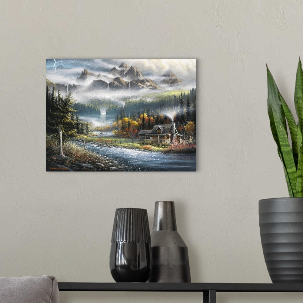 A modern room featuring An idyllic painting of a cottage in a serene wilderness setting.